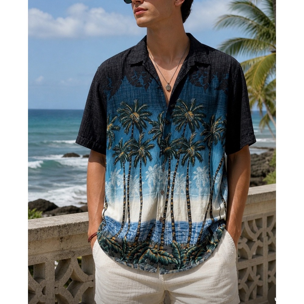 Batik Bay Mens Medium Tropical Palm Tree Beach Scenic Rayon Button Down Shirt